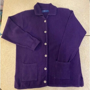 Karen Scott Pure Wool Purple sweater cardigan shoulder pads buttons Size L‎